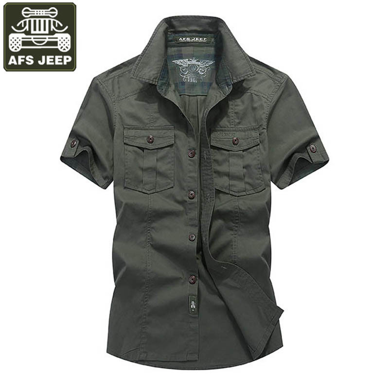 

AFS JEEP Brand Shirt Men Casul Shirts Denim Shirt Men Short Sleeves Cotton Camisas Masculina Camisas Hombre Vestir Men Clothing Y1892101, Army green