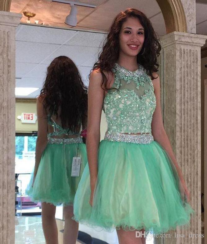 Mint Green Two Piece Dresses Homecoming Dresses Halter Backless Sequins Beaded Crystal New Designer Short Graduation Party Prom Gowns