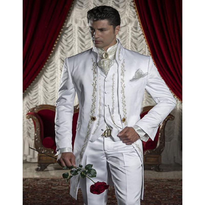 Classic Embroidery Groomsmen Mandarin Lapel White Men Suit For Wedding 3pieces(Jacket+Pants+Vest+Tie) Prom Groom Masculino