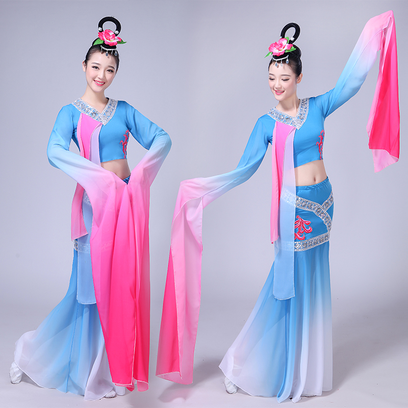 

Chinese ancient dance costumes long sleeve fairy dancer wear female classical indian style women Dance dress stage performance clothing, Blue