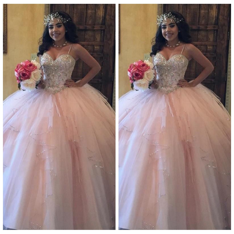 

Bling Bling Sweetheart Ball Gown Quinceanera Dresses Pink Tulle Ruffle Lace Up Back Custom Vestidos De Quinceanera Prom Gowns 2018, Champagne