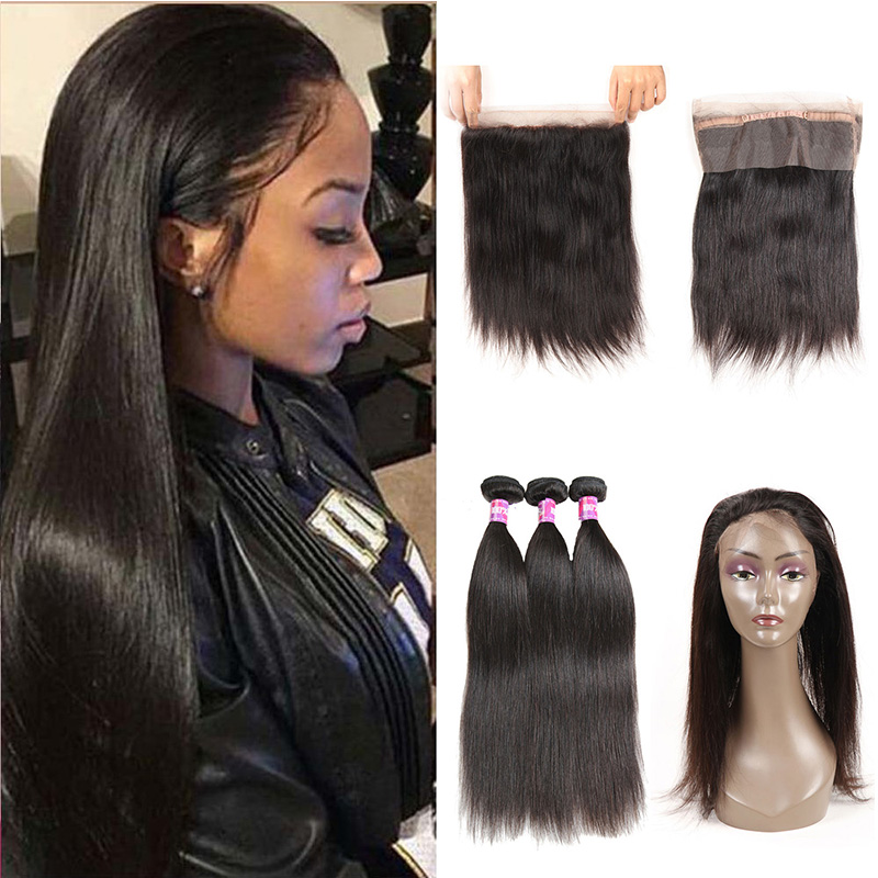 

Pre Plucked Brazilian Straight Hair Weaves With Closure 360 Lace Band Frontal With Bundles Cheap Virgin Human Hair Extensions With Bady Hair, Natural color
