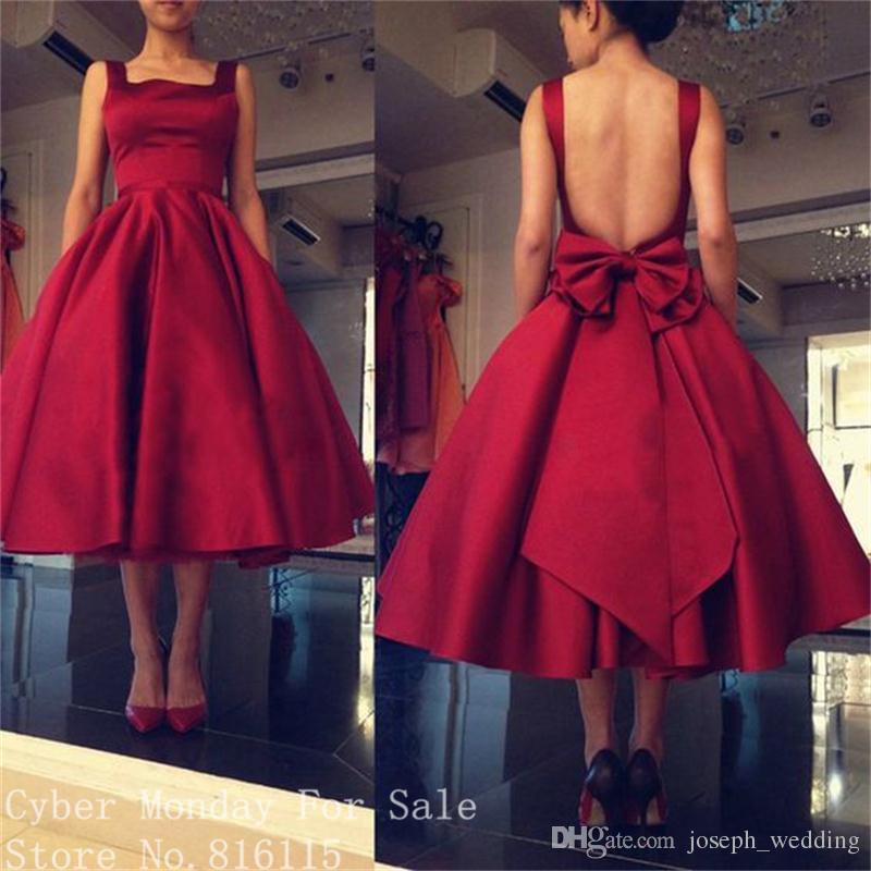 

Dark Red Short Prom Dresses 2018 Fashion Square Collar Backless Tea-Length Evening Dress with Bow Back Wine Color Gowns, Hunter green