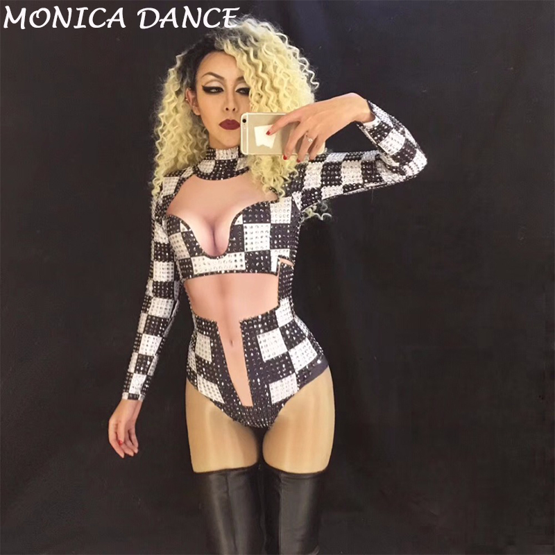 

Sexy Stage Black And White Bodysuit for Singer Full Of Sparkling Crystals Costume Nightclub Party Singer Dancer Stage Wear, Picture color