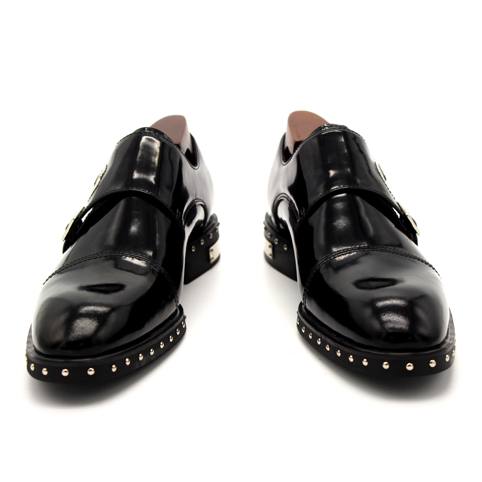 

Classic Monk Strap Gentlemen Oxfords Full Grain Leather Rivets Handmade Mens Formal Business Shoes Flat Derby Shoe, Black