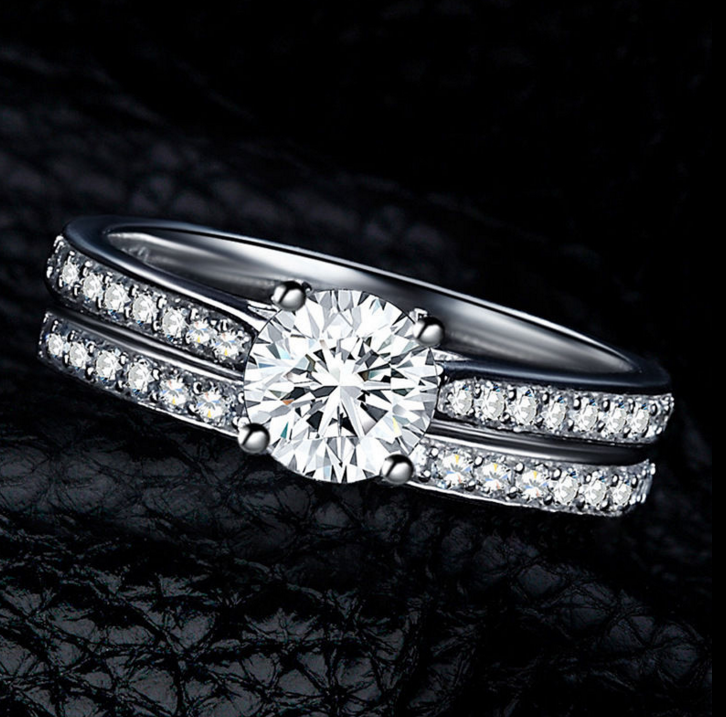 

2Pcs Women Wedding Engagement Rings Silver Plated Zirconia Crystal Ring Jewelry