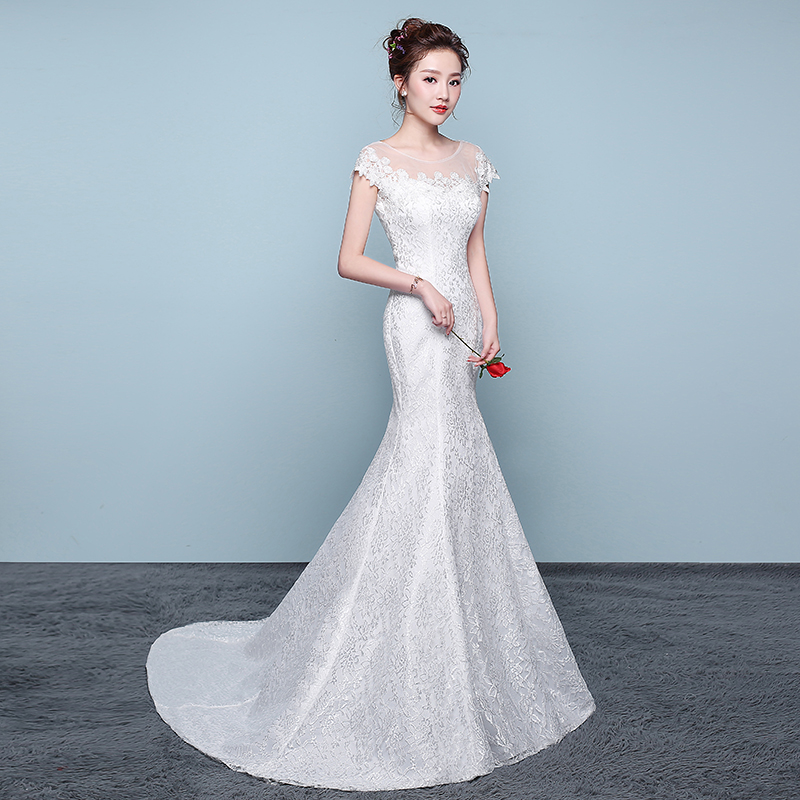 

Elegant Lace Trumpet Wedding Dresses Plus Size Applique Vintage O Neck Mermaid Bridal Gown vestido de festa, White