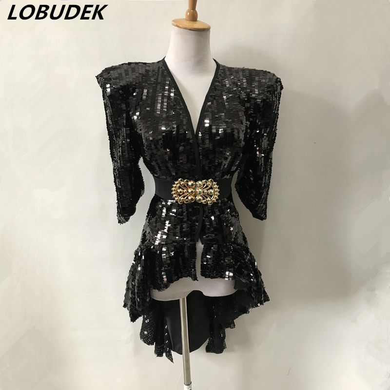 

Female Singer Dancer Shiny Stage Wear Gold Black Silver Sequins Tailcoat Swallowtail Team DJ Jazz Dance Costume Nightclub Bar Party Show Performance Clothes
