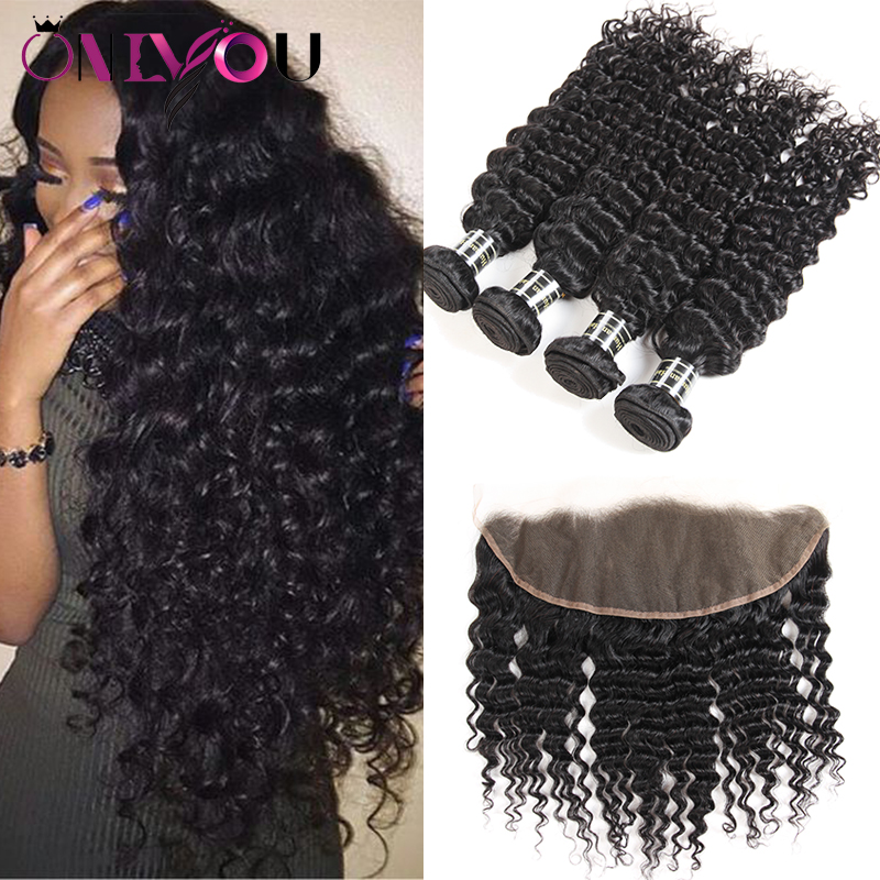 

Deep Curly Hair 4 Bundles with 13x4 Lace Frontal Closure Ear to Ear Hand Weaving Remy Human Hair Extensions Malaysian Virgin Hair Weaves, Deep wave
