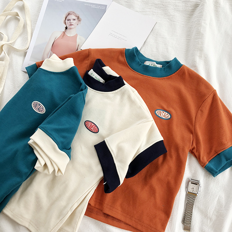 

Summer Korean Women Cotton Crop Tops Ringer Tee Short Sleeve Vintage Tee Shirt Female Blue White Orange T-shirt