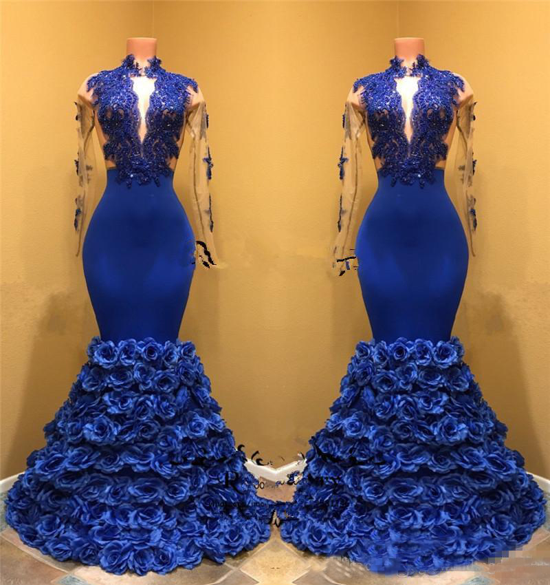 

Sexy Royal Blue Mermaid 2K18 Prom Dresses Hand Made Flowers 2018 High Neck Long Sleeves Lace Plus Size Black Girls African Evening Gowns, Champagne