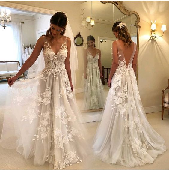 

2019 V-Neck Summer Beach Boho Wedding Dresses Bridal Gowns Beautiful Appliques A Line Backless Custom Made robe de soriee, Same as image