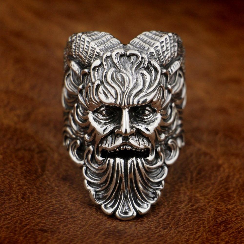 

LINSION 925 Sterling Silver Great God Pan Ring Goats Demon Ring Mens Biker Punk TA88