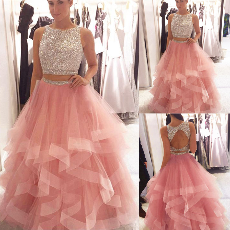 Exquisite Sequin Beaded Organza Ruffles Prom Dresses Two Piece Pink Crystals Bodice Long Evening Gowns Elegant Prom Party Dress