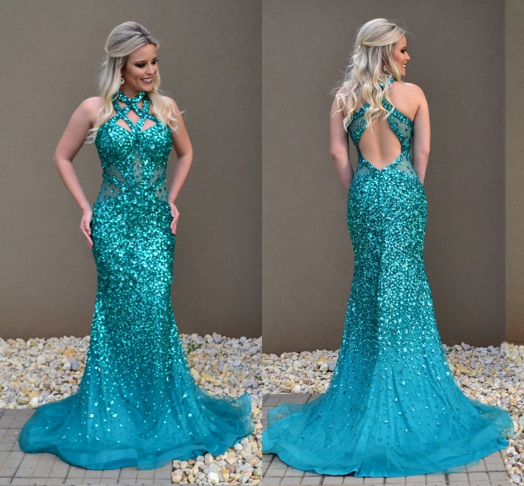 

2018 Luxury New Hunter Crystals Mermaid Prom Dresses With Beading Halter Hollow Back Sleeveless Evening Dresses Pageant Gowns