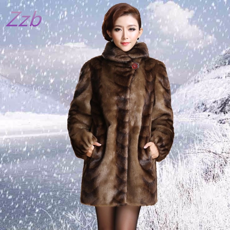 

New 2018 Europe style women's outerwear plus size clothing Imitation Animal fur top long design overcoat leather fur coat, Brown