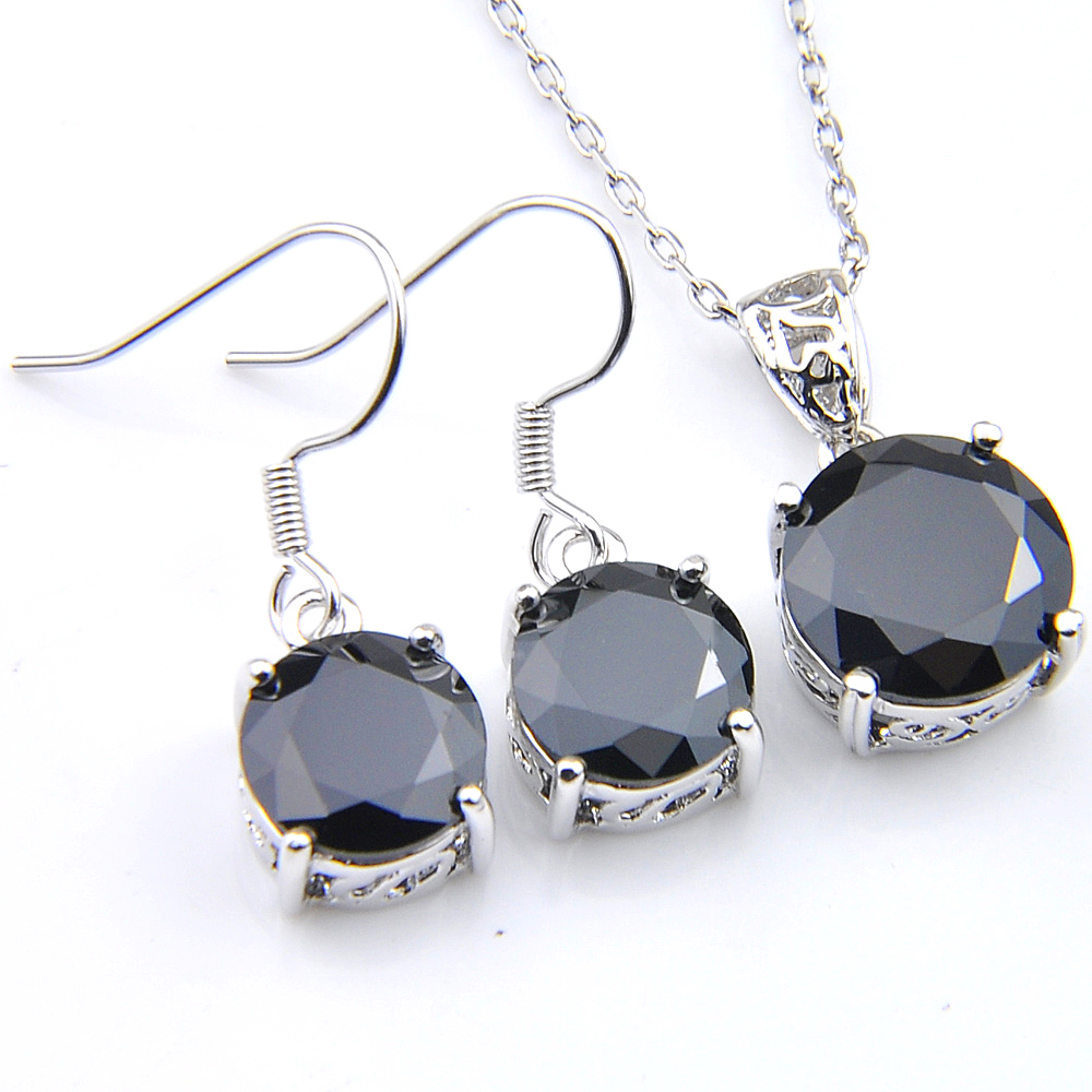 

LuckyShine 5 Sets Round Black Onyx Earring Pendant Holiday Party gift Jewelry Sets Silver Ncecklace for Women