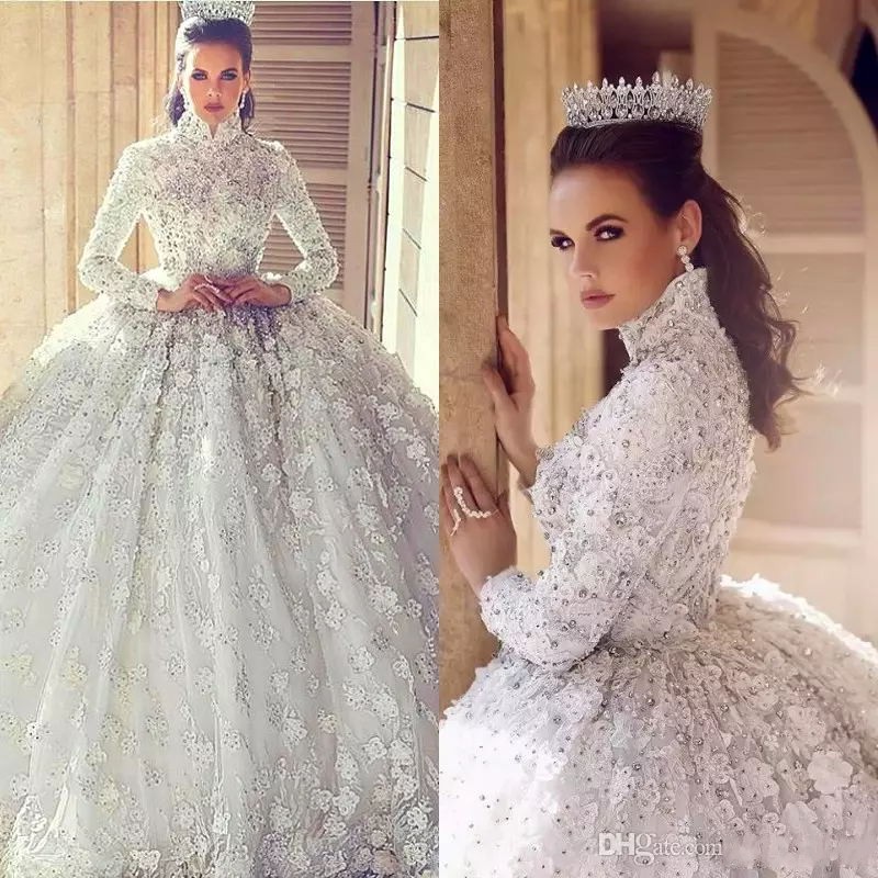 

Gorgeous Rhinestones Muslim Wedding Dresses High Neck Long Sleeve Applique Lace Ball Gown Wedding Dresses Luxury Crystals Bridal Dresses, Silver