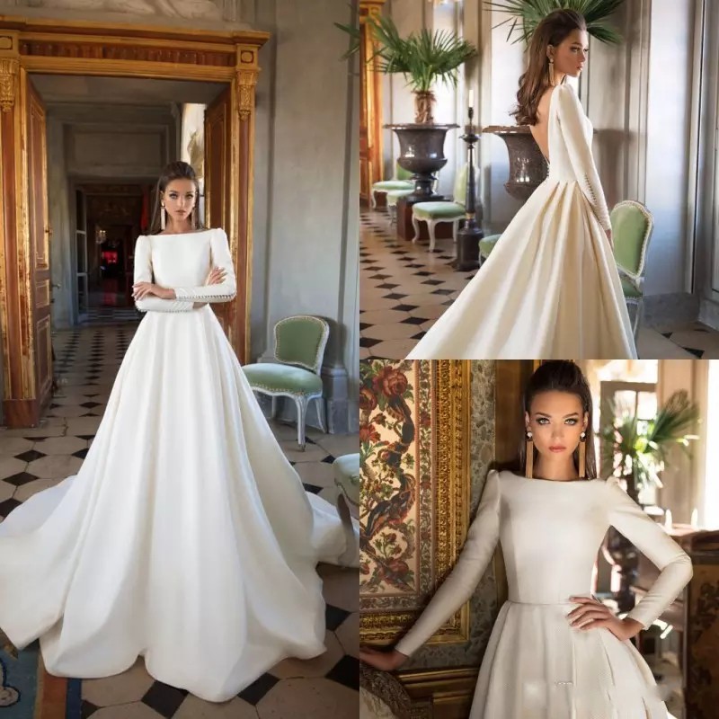 2020 Milla Nova Wedding Dresses A Line Satin Backless Sweep Train Long Sleeve Wedding Gowns Bateau Neck Plus Size Winter Bridal Dress