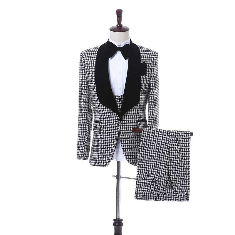 Black Plaid Cloth Men Suits for Wedding Black Shawl Lapel Blazer Trim Fit Three Piece Groom Tuxedos Jacket Pants Vest WH221