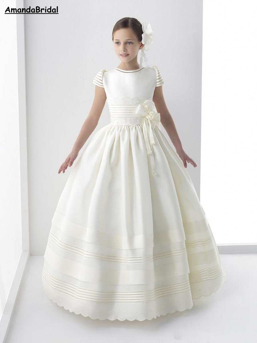 

amandabridal princess white first communion dresses for little girls wedding party dress short sleeves satin flower girls dresses, Ivory