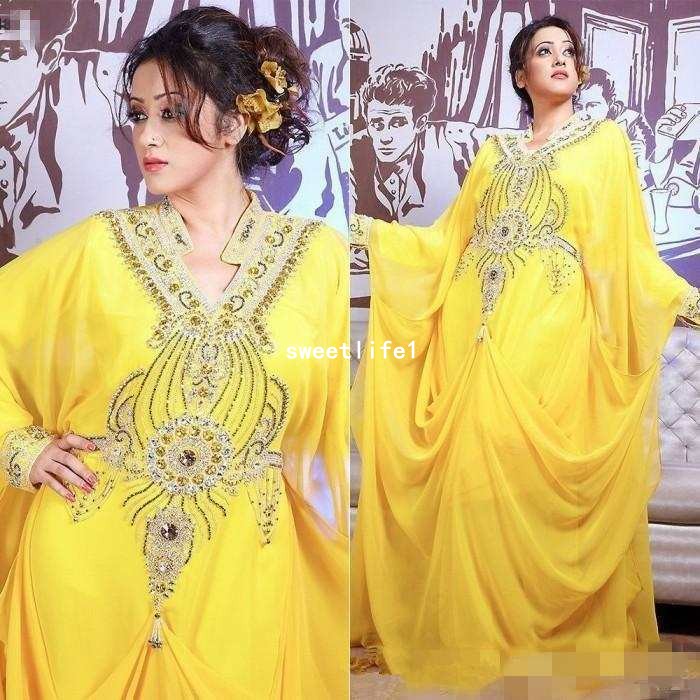 

Dubai Abaya Kaftan Dubai Musilm 2019 Yellow Chiffon Beading Long Evening Dresses Long Sleeves Plus Size Special Ocasion Formal Gowns, Champagne