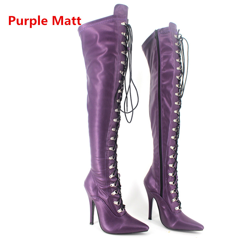 

Women Boots 12cm High heel Ladies Black Patent Over Knee Thigh Boots Sexy Fetish Pointed Toe Custom Stiletto Point Lace Up Boots, Green shiny