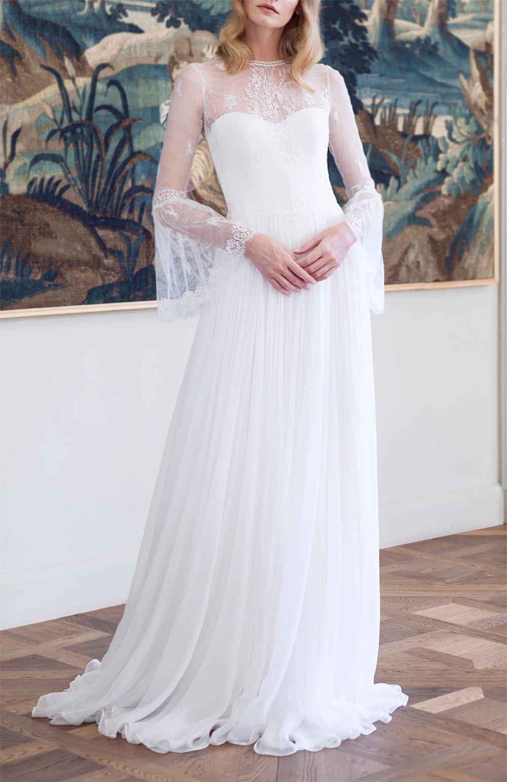 

Lace Bohemian Wedding Dress Chiffon Sheer Neck Illusion Long Sleeves Pleated Sweep Train Boho Beach Bridal Gowns Covered Buttons Back, White