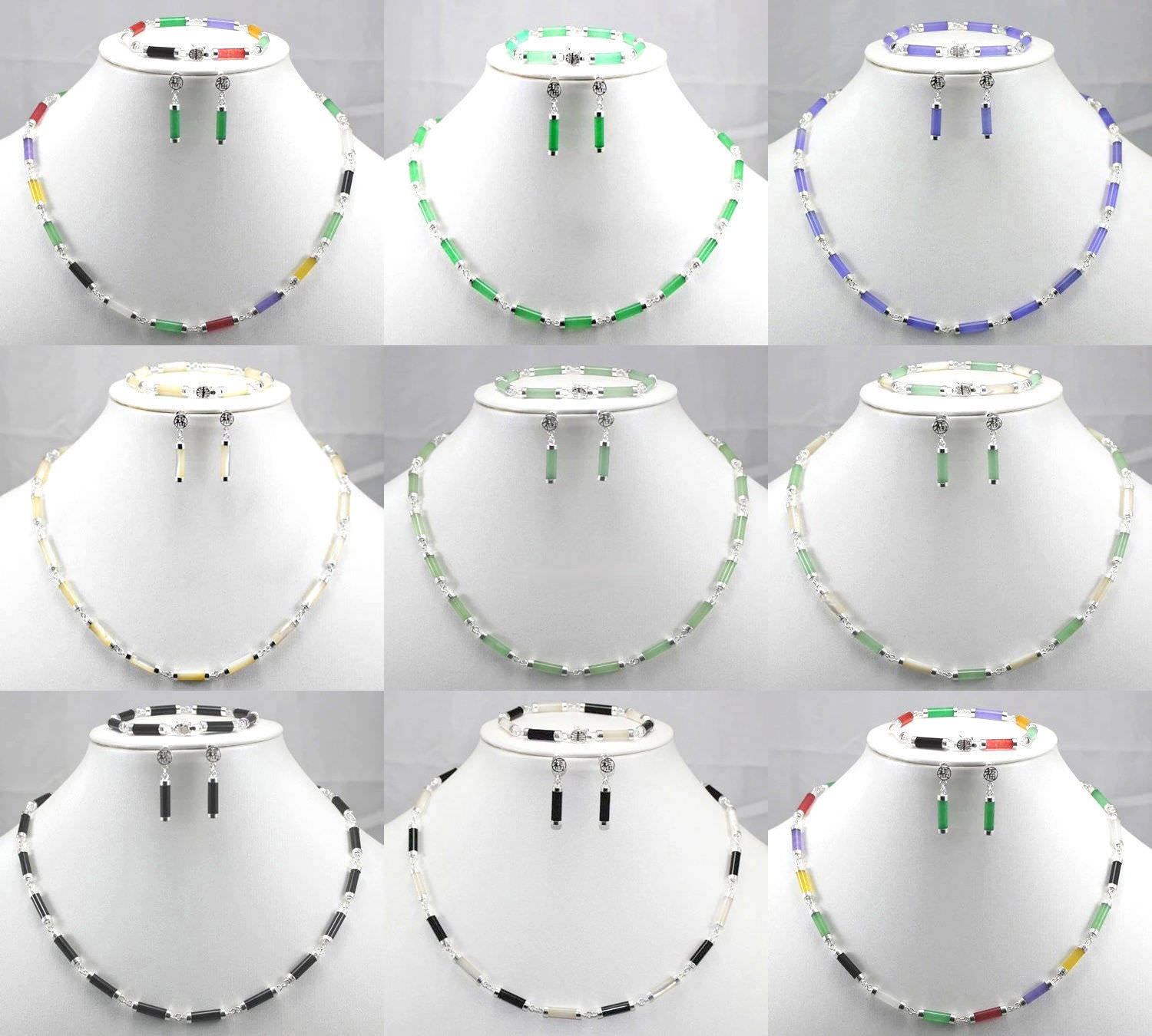 Natural Jade Agate Sterling Silver Fortune Necklace Earrings Bracelet Set-image-427836728
