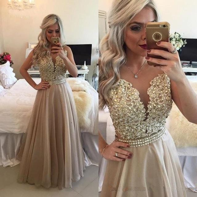 

Arabic Champange A Line Prom Dresses 2018 Sheer Neck Lace Appliques Crystals Beaded Formal Evening Long Gowns Chiffon Party Wear, Light yellow