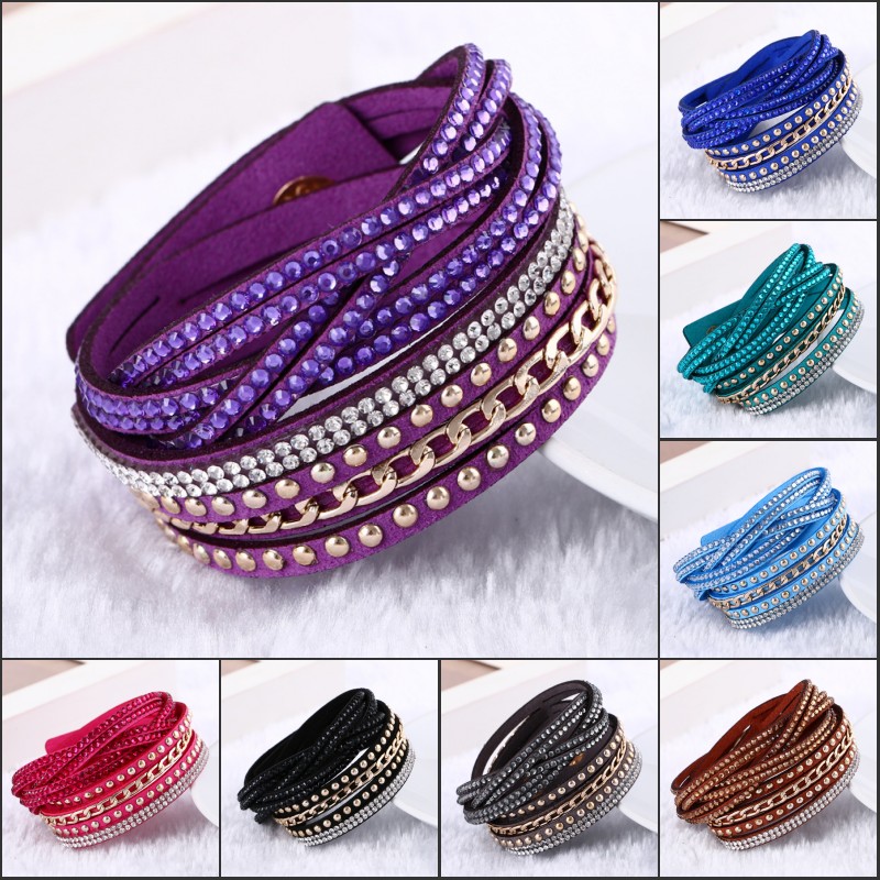 

Mix Colors Wrap Crystal Rhinestone bracelet Punk Wristband PU Leather Bracelet for women Bangle Colorful Bracelet