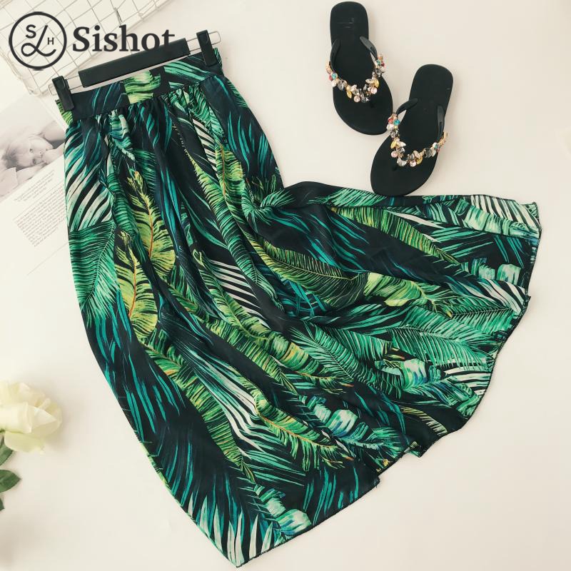 SISHOT Summer Long Skirts Tropical Leaf Print Maxi Skirts Side Vent harajuku Elastic Waist Loose Casual Green Beach Skirt Split-image-421120078