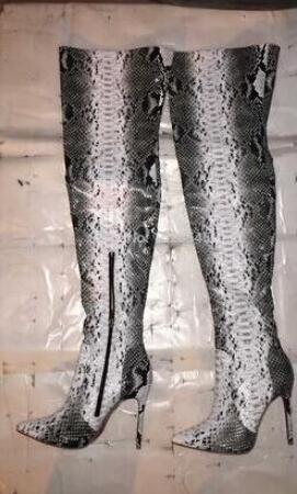 

2018 Fashion women over knee high gladiator boots thin heel snakeskin print leather booties thigh high tall gladiator boots dress bota, As pic