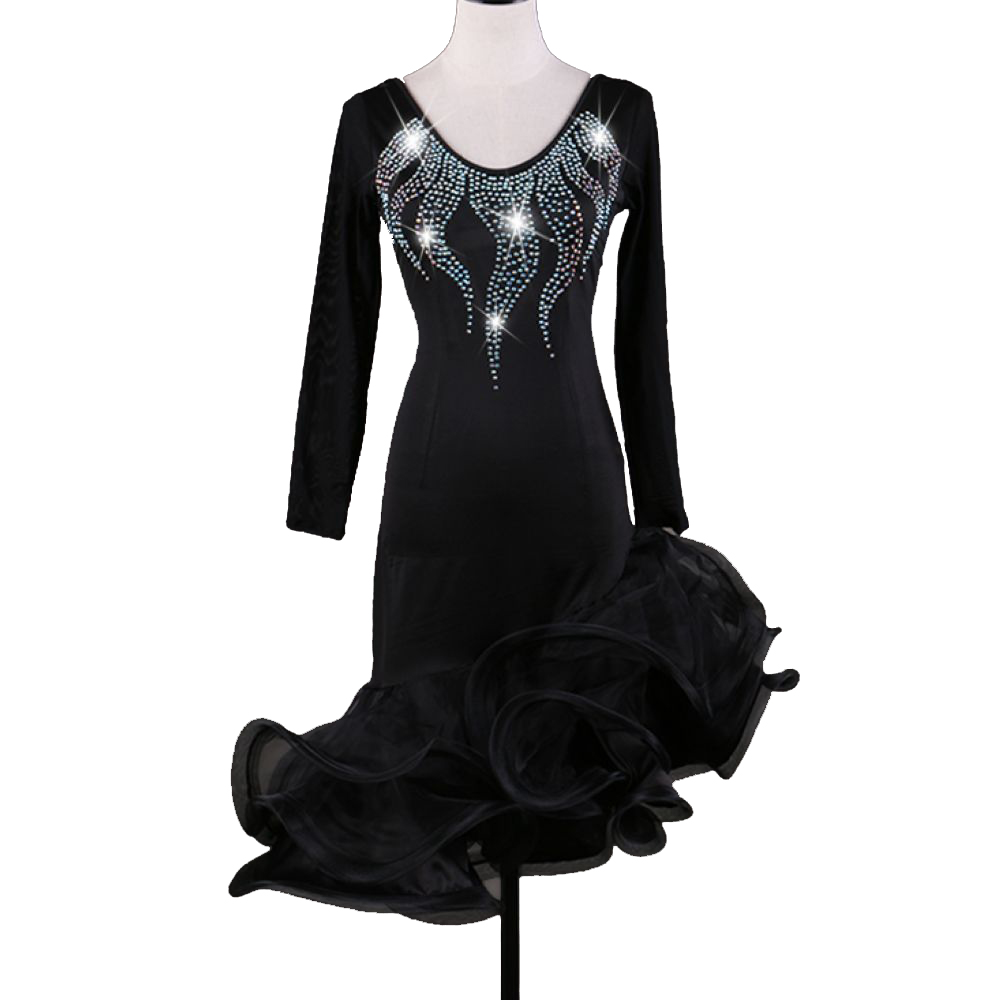 

Latin Dance Dress Women Girls Latin Salsa Dance Competition Dresses Tassel D0338 Black Backless Long Sleeve Irregular Sheer Hem Rhinestones