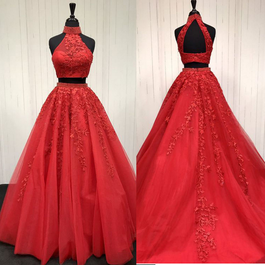 Sexy Two Piece Appliques High Neck Long Red Lace Tulle Prom Dress A Line Elegant Long Tulle Red Lace Evening Dress