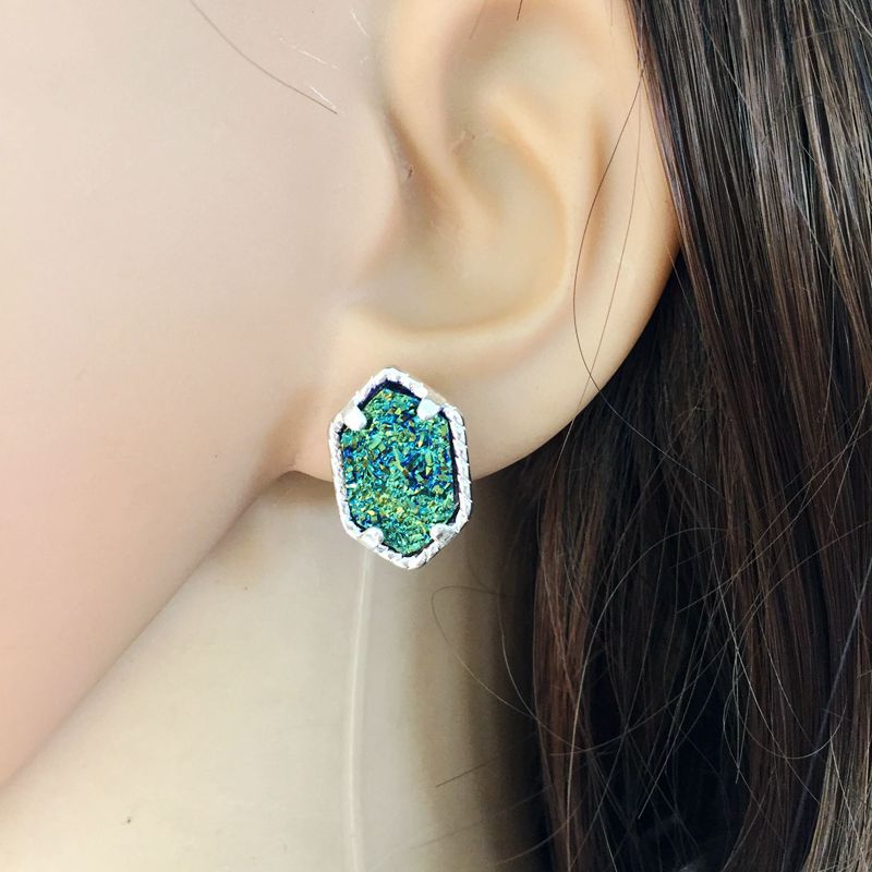 Earrings for Women Silver Plated Hexagonal Natural Stone Stud Ear Rings Druzy Stone Stud Earrings Fashion Jewelry-image-410681488