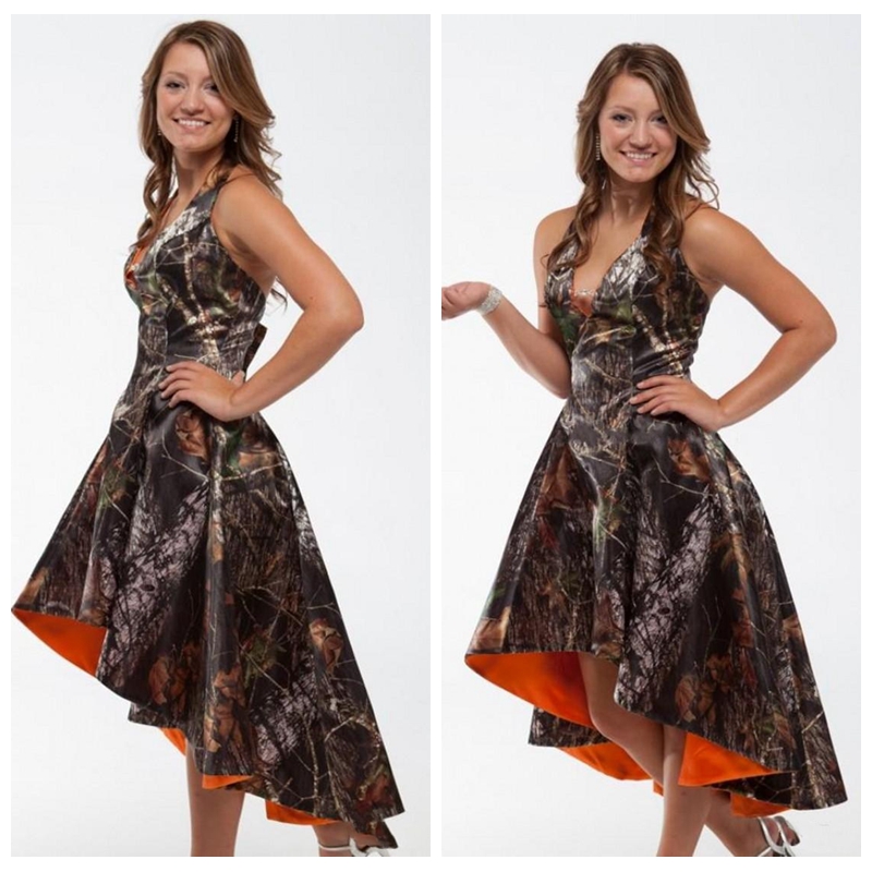 

2018 Halter A-Line High Low Camo Bridesmaid Dresses Short Slim Camouflage Honor Of Maid Satin Country Slim Bridesmaids Prom Party Gowns