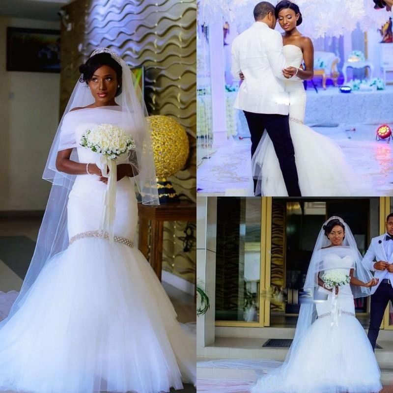 

2018 African Sexy Mermaid Wedding Dresses Sweetheart Tulle Beaded Crystal Pleated Ruched With Wrap Long Vestido Strapless Cape Bridal Gowns, Ivory
