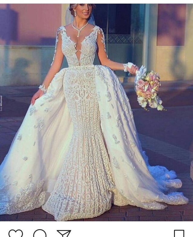 

2018 New Luxury Arabic Ball Gown Detachable Wedding Dresses Long Sleeves Lace Appliques Beading Puffy Chapel Train Plus Size Bridal Gowns, Silver