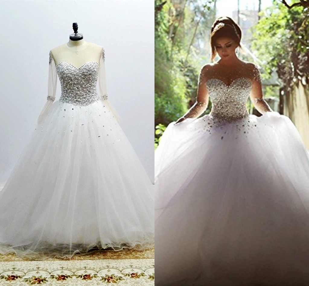 

Luxury Arabic Wedding Dresses 2020 Sparkly Beaded Crystals Long Sleeve Wedding Dresses Puffy Ball Gown Tulle Bridal Gowns Sexy Bride Dresses, Pink