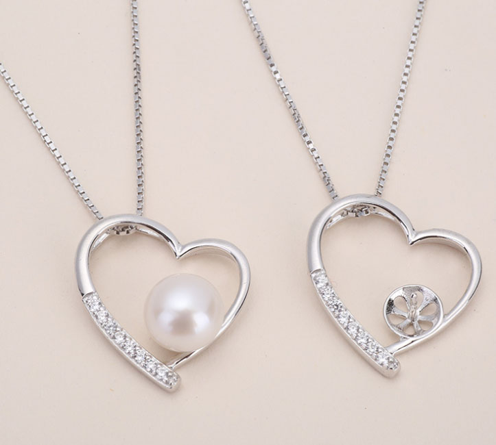 

1 pcs zircon solid sterling silver pendant setting,heart pattern pendant mounting, necklace blank for pearl,jewelry DIY, gift DIY, Slivery;crystal