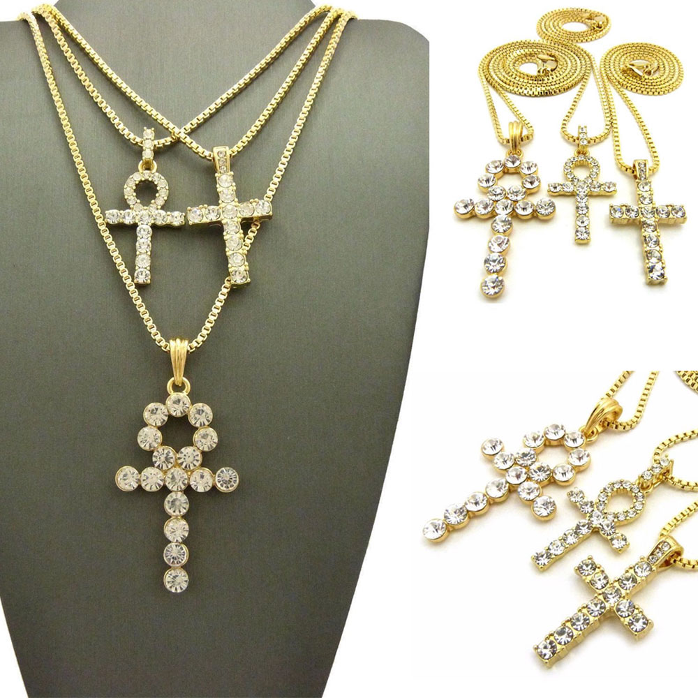 

MENS GOLD ICED OUT EGYPTIAN KEY OF LIFE ANKH CROSS,BOX & ROPE CHAIN NECKLACE SET OF 3