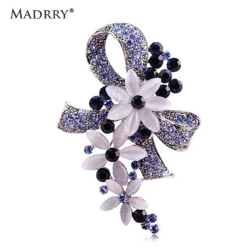 

Madrry Pretty Elegant Antique Silver Color Flower Brooches with Opal Full Crystals Broches Scarf Pin Accessories Bouquet Wedding