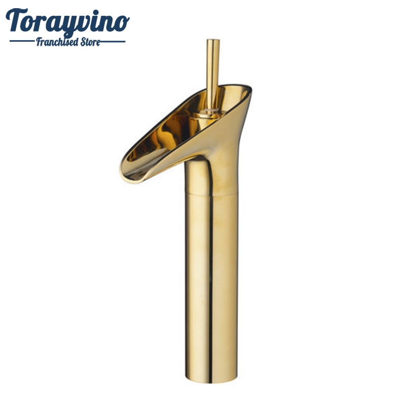 Basin Waterfall Bathroom Polished Golden Deck Mounted 97120 Soild Brass Single Handle Vessel Vanity Sink Tap Mixer Faucet