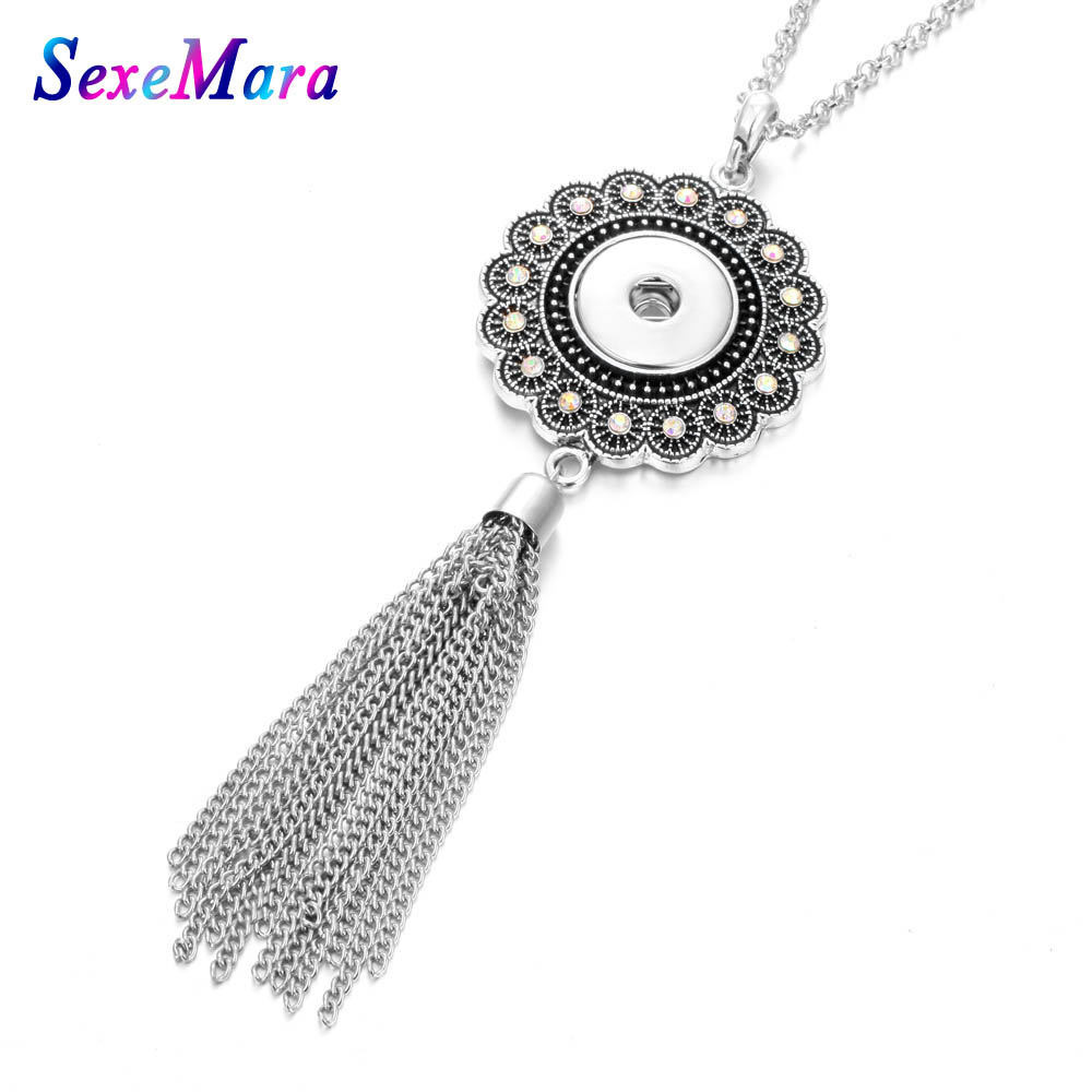 

New 18mm Snap Button Flower Vintage Long Tassel Necklace & Pendant Jewelry with Link Chain Woman DIY Jewelry