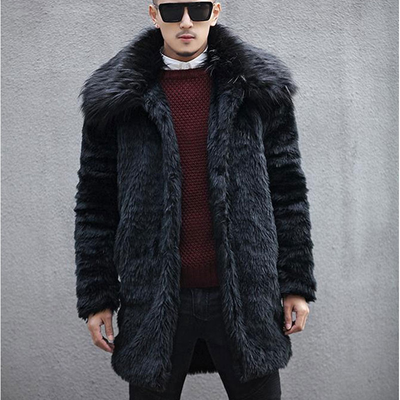 

Wholesale- 2016 New winter men fur collar faux fur coats,Turn-down collar trends fur jacket Black long section fashion overcoats, As pic