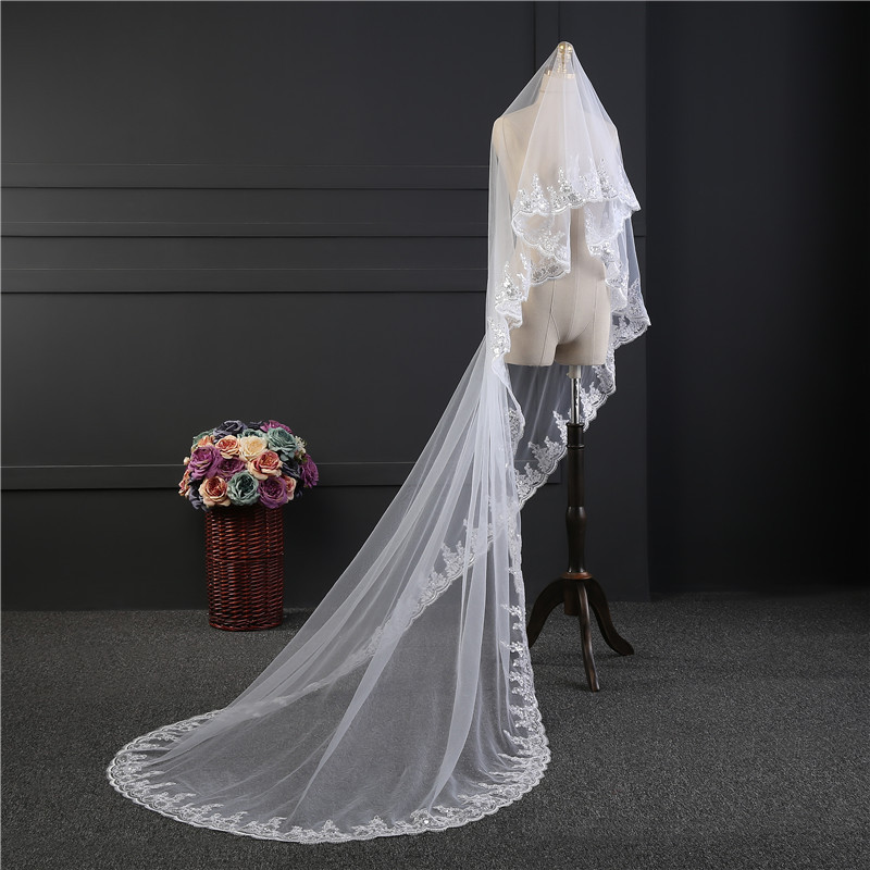 

2018 High Quality White Ivory Wedding Veil Appliques Lace Beaded Bridal Veils Bride Wedding Accessories For Wedding Dresses QC1177