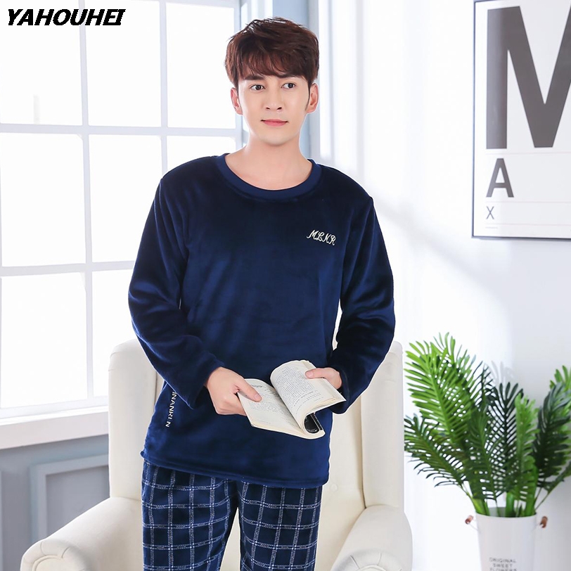

Casual Plaid Flannel Pajama Sets for Men 2018 Winter Long Sleeve Thick Warm Coral Velvet Pyjama Male Homewear Loungewear Clothes, 143