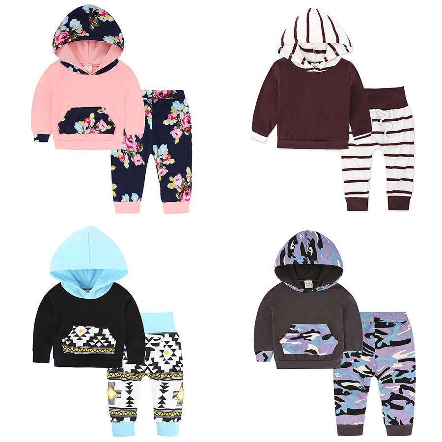 

Baby Hoodies+Pants Suits 40+ Designs Kids Pullovers Clothing Sets with Pocket Printed Hooded Long Sleeve Floral Hairband 3-24M for Boy Girls, Choose or remark color