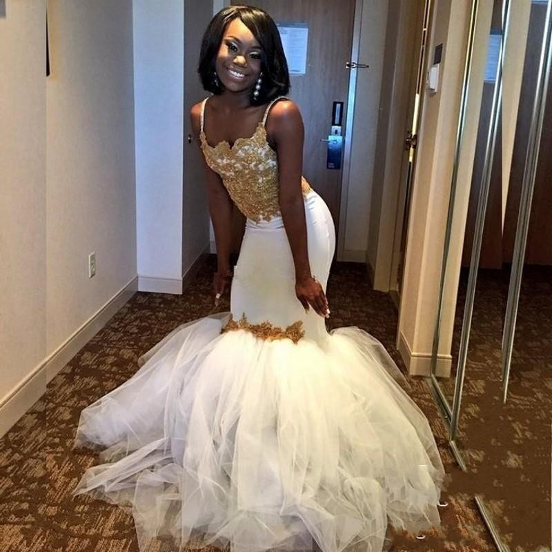

White and Gold Lace Applique Prom Dresses Mermaid 2018 Spaghetti Straps Beaded Sweep Train Black Girl African sweet 16 Party Evening Gowns, Royal blue